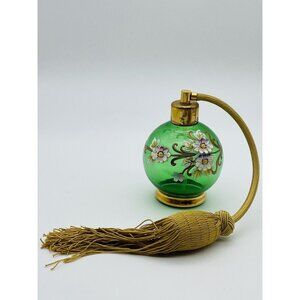 VTG PERFUME ATOMIZER EMERALD GREEN GLASS GOLD ACCENT FLOWERS CZECHOSLOVAKIA